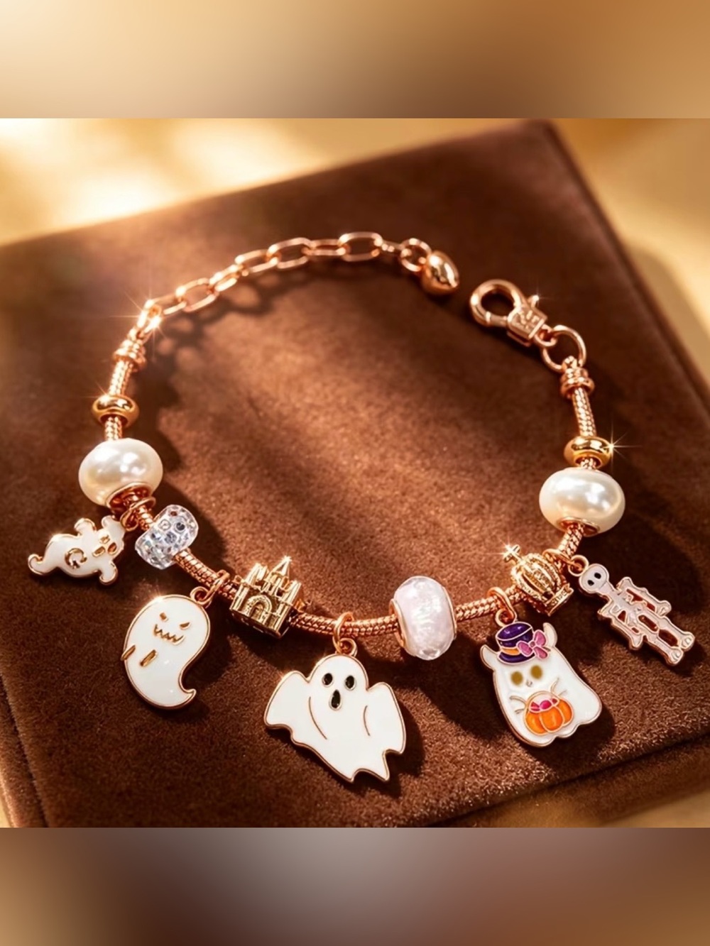Gold Halloween Ghost Charm Bracelet with White Enamel Pendants